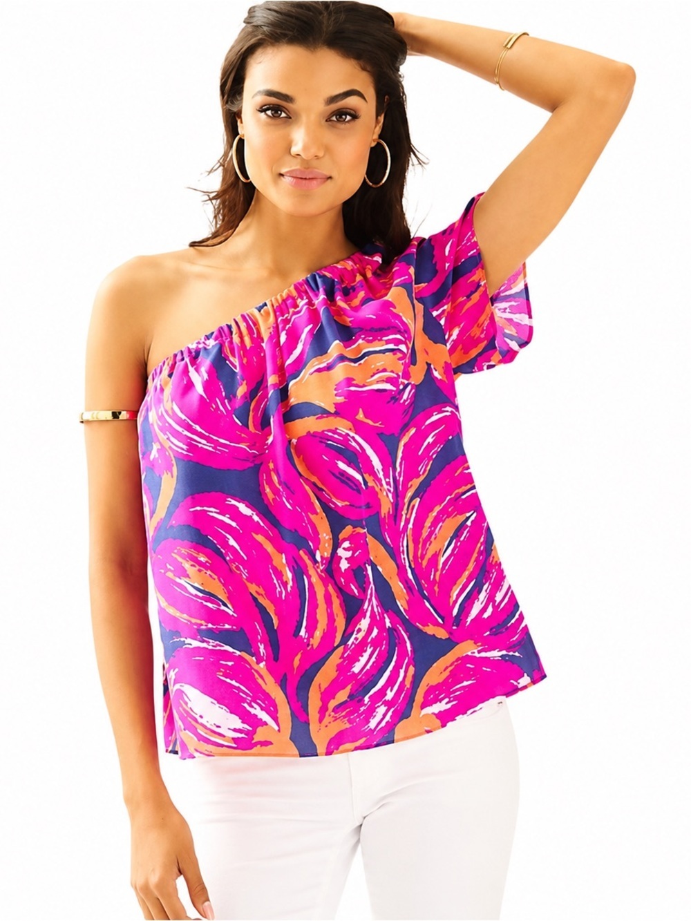 Lilly Pulitzer Fifer Silk One Shoulder Top Plume Bloom Pink Navy Size Small